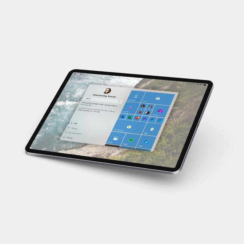 A tablet displays a screenshot of the Cortana OS Start menu.