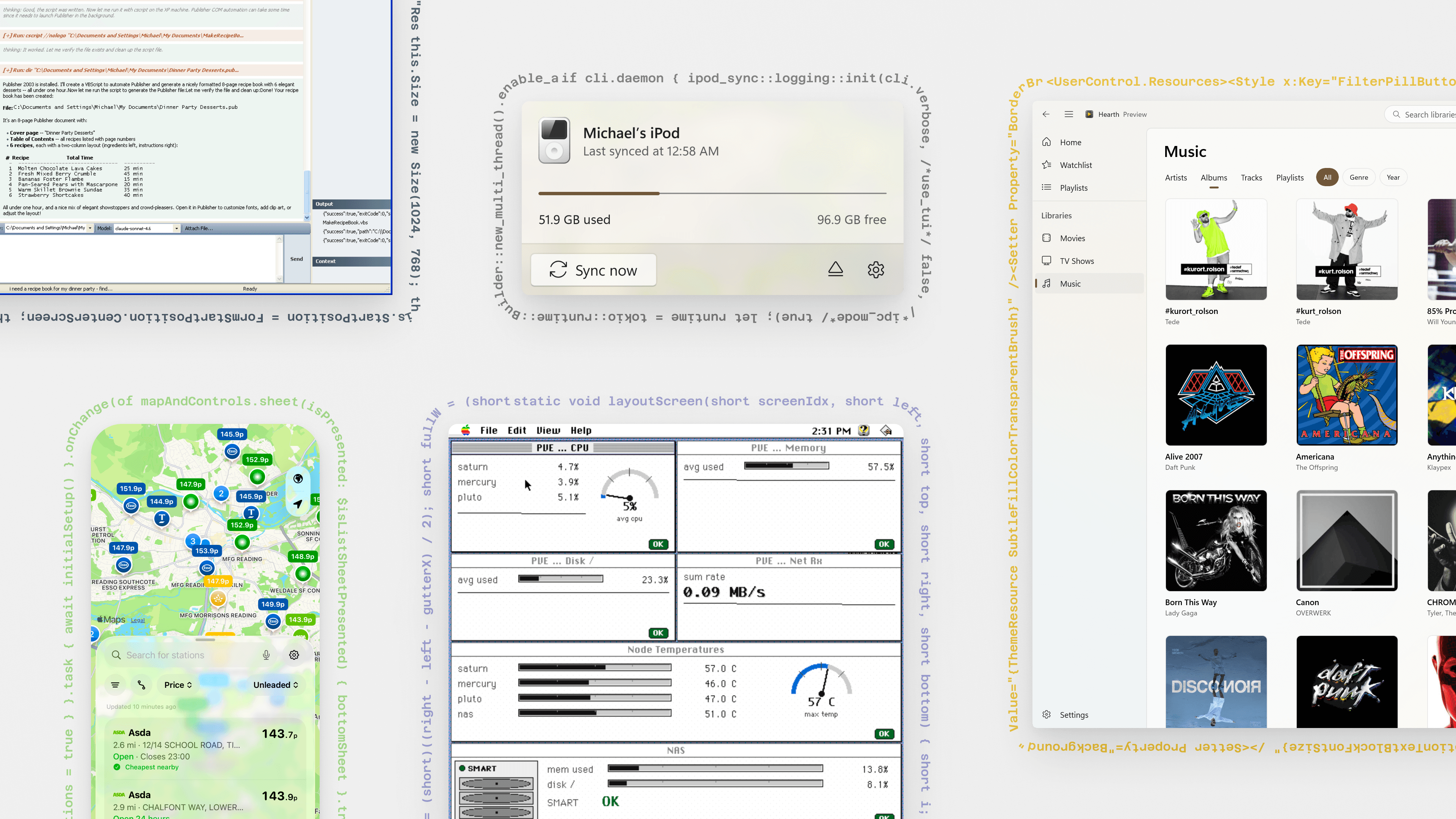Various screenshots of native applications with decorative code strings around their edges.