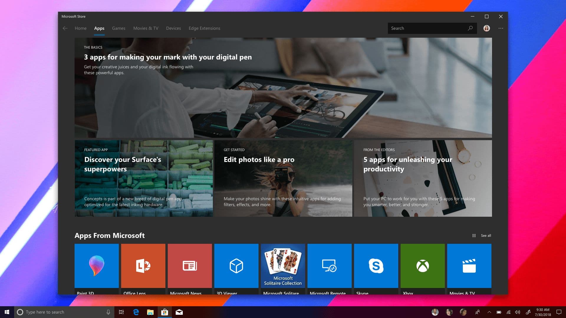 The Apps tab homepage, repurposed as a hub for editorial content.