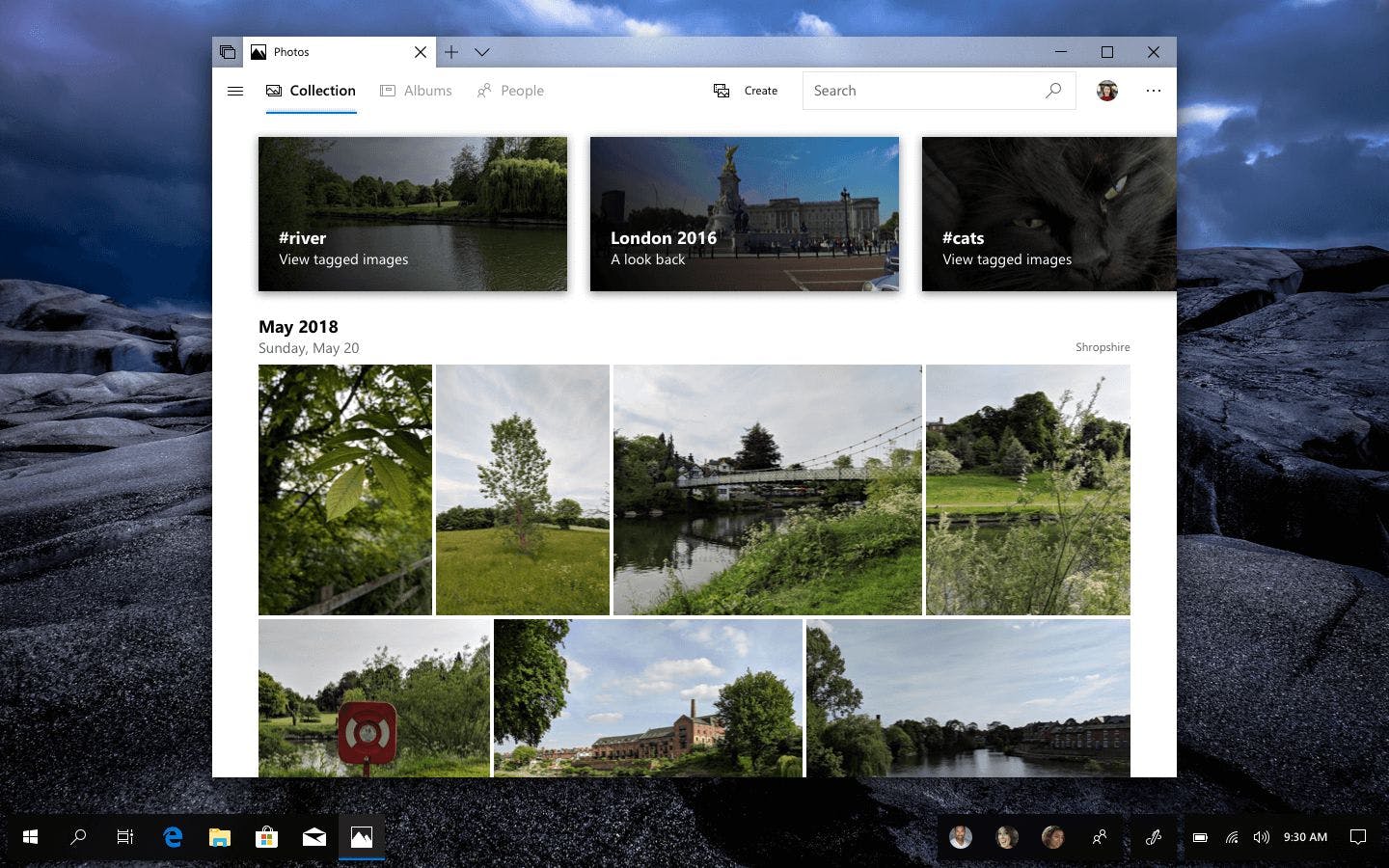 A mockup of the Photos app showing the Collection view. There is a new featured carousel style at the top and reworked date headers for groups of images.